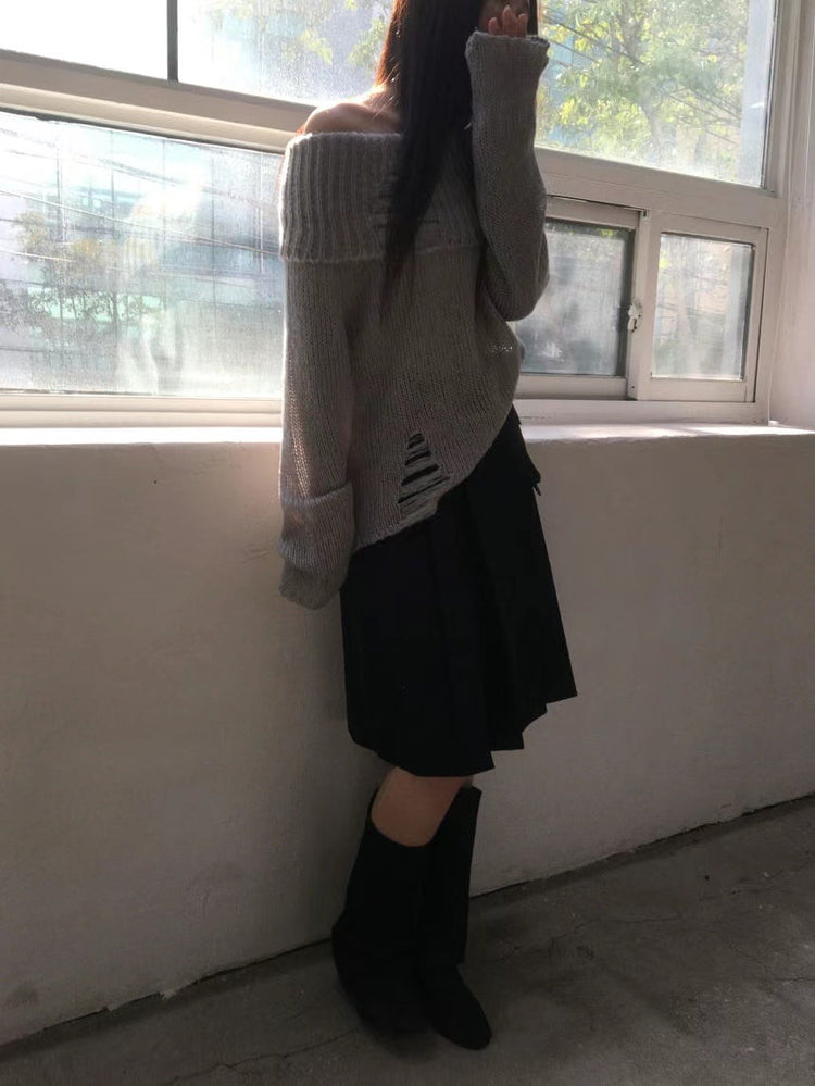(現)露肩破壞感束口細節針織上衣