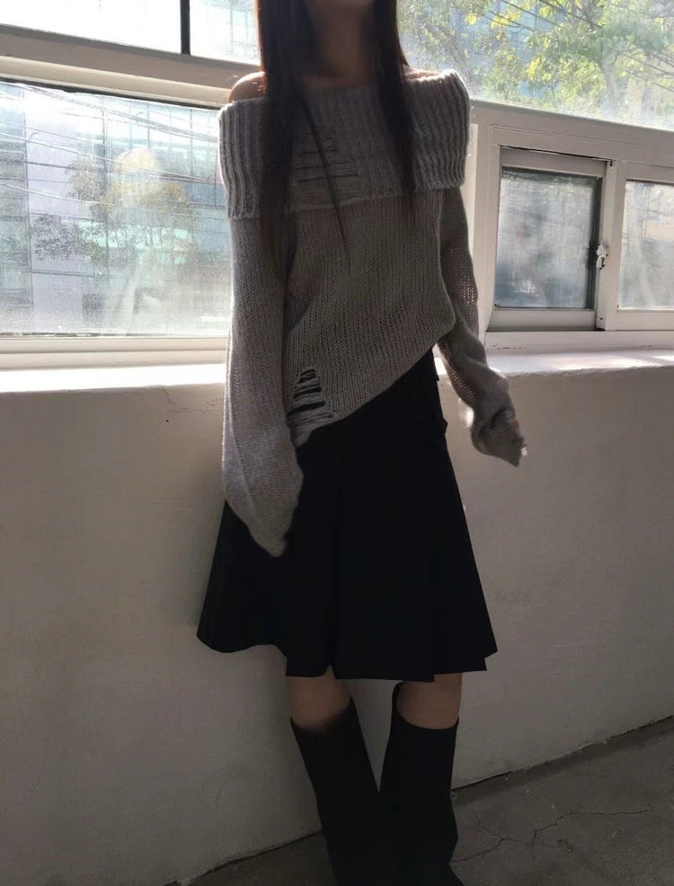 (現)露肩破壞感束口細節針織上衣