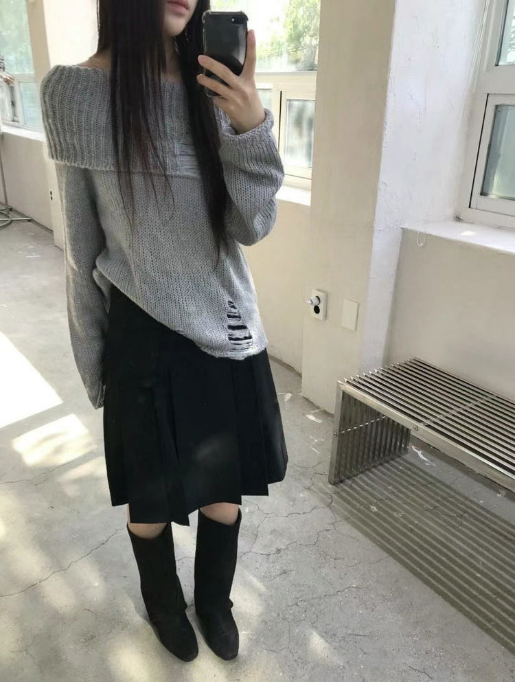 (現)露肩破壞感束口細節針織上衣