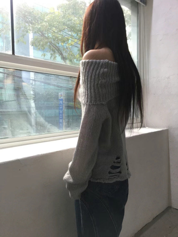 (現)露肩破壞感束口細節針織上衣
