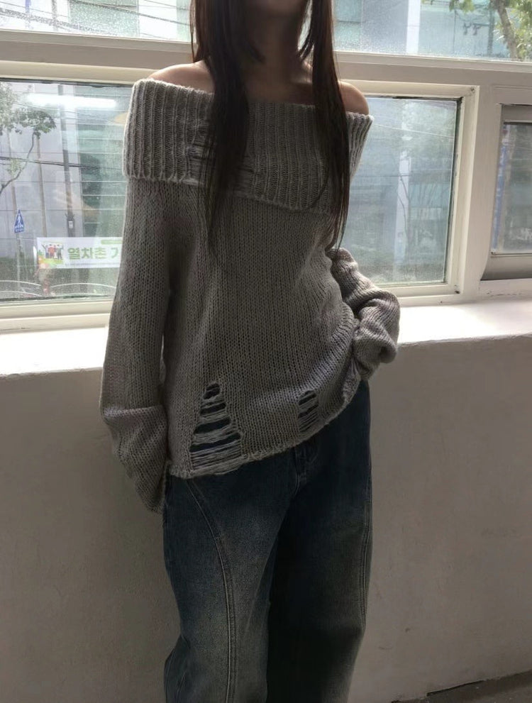 (現)露肩破壞感束口細節針織上衣