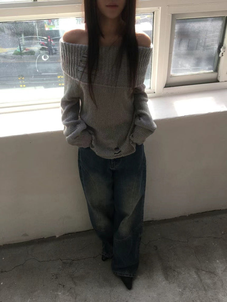 (現)露肩破壞感束口細節針織上衣