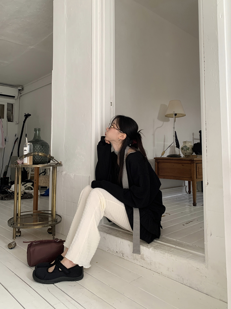 皺皺紋理美腿微喇叭褲