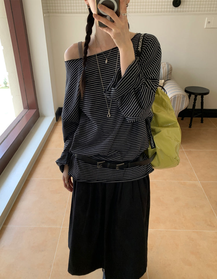 美肩撞色條紋寬鬆上衣