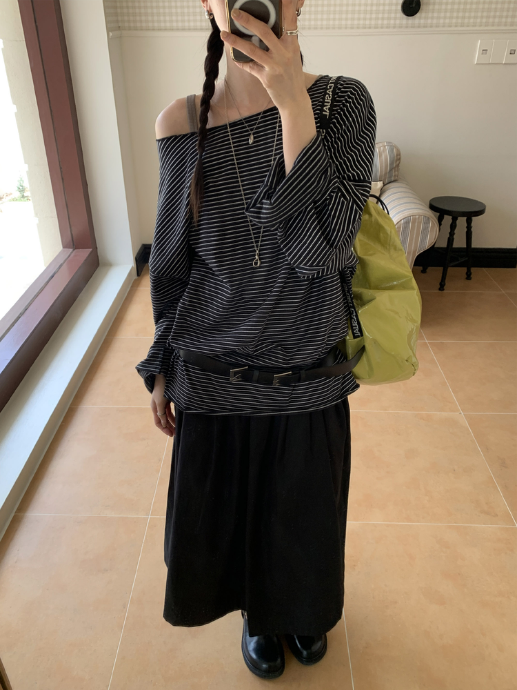 美肩撞色條紋寬鬆上衣
