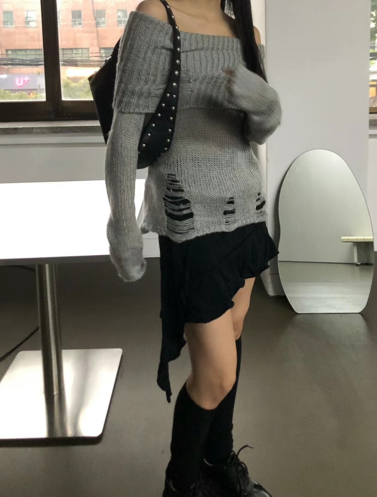 (現)露肩破壞感束口細節針織上衣
