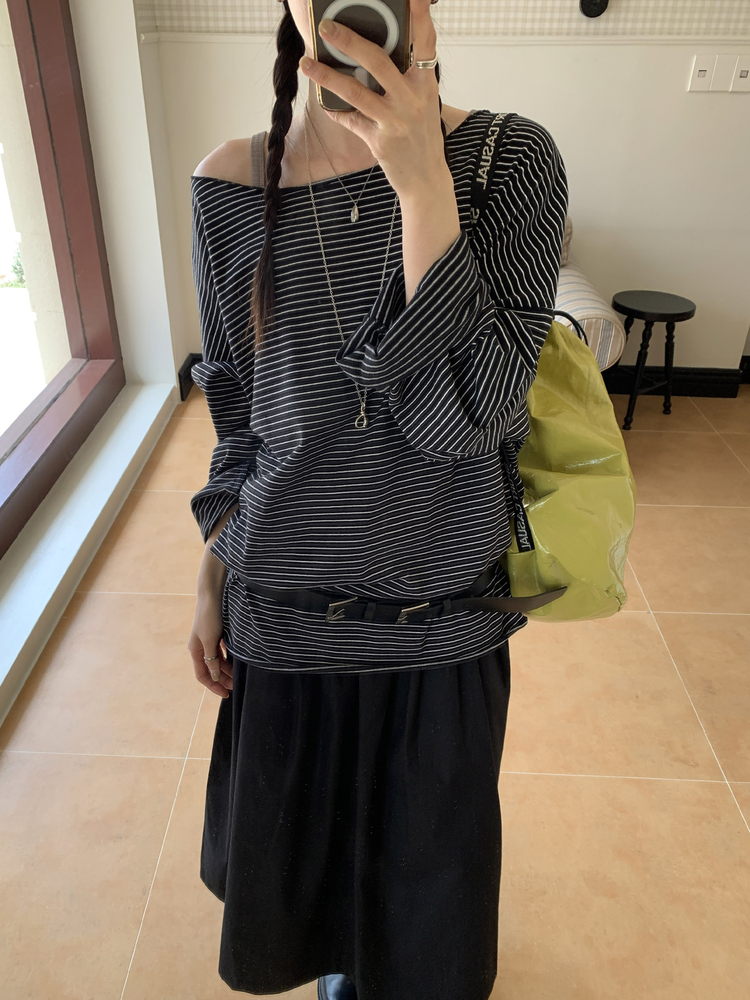 美肩撞色條紋寬鬆上衣