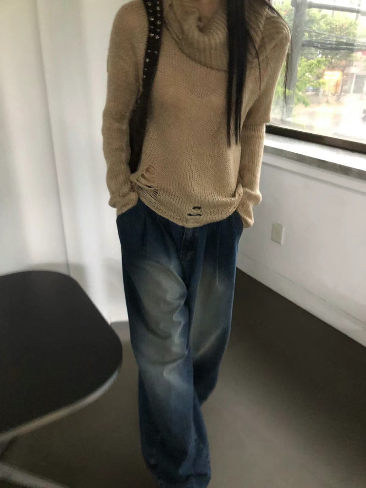 (現)露肩破壞感束口細節針織上衣