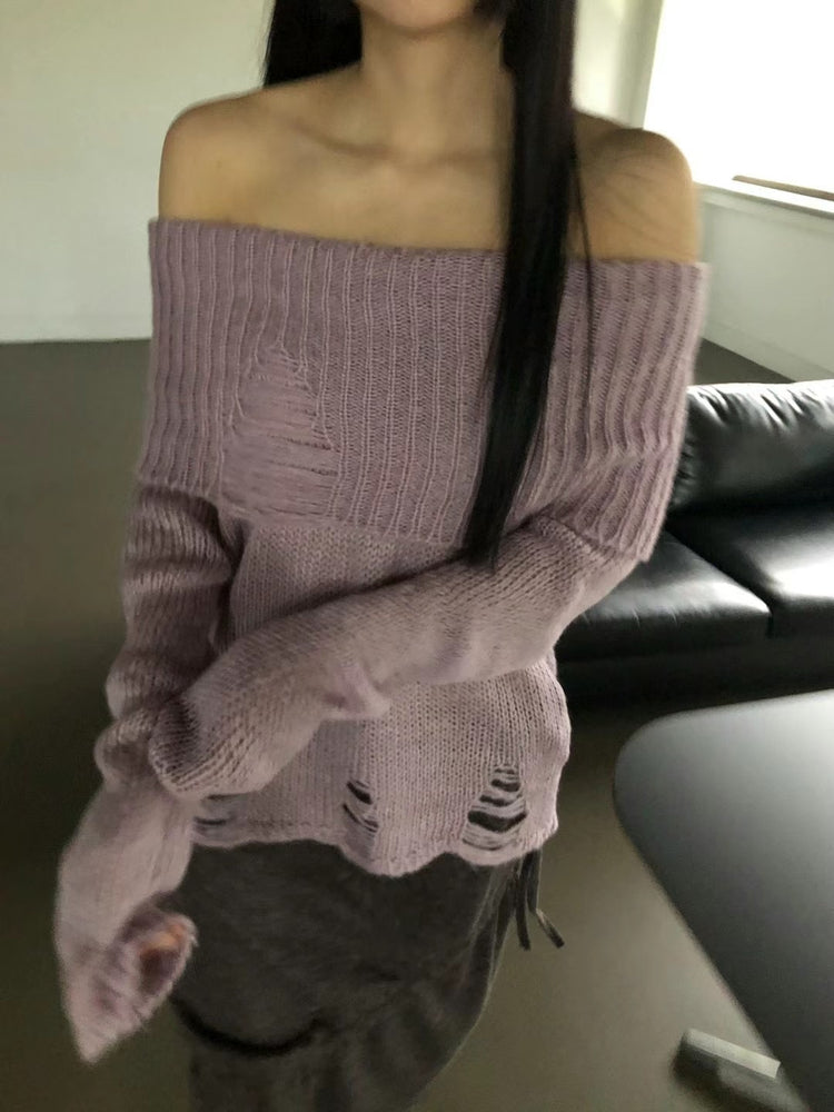 (現)露肩破壞感束口細節針織上衣