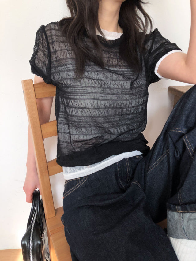 透膚皺紋理束口細節上衣