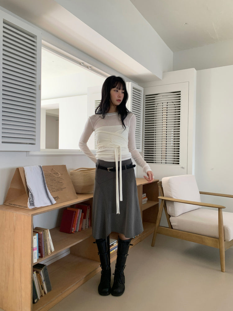 不規則條紋細節中長裙