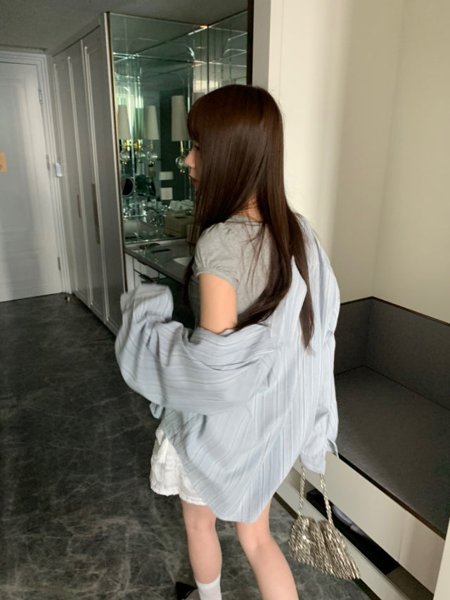 撞色條紋細節寬鬆襯衫