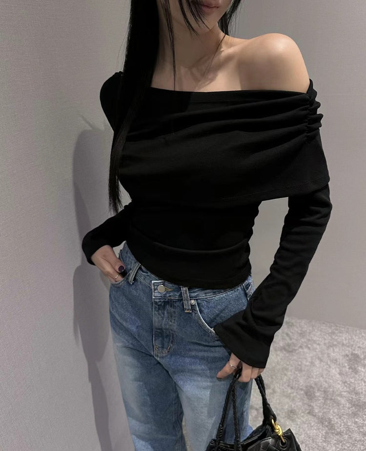 美肩側抓皺細節上衣