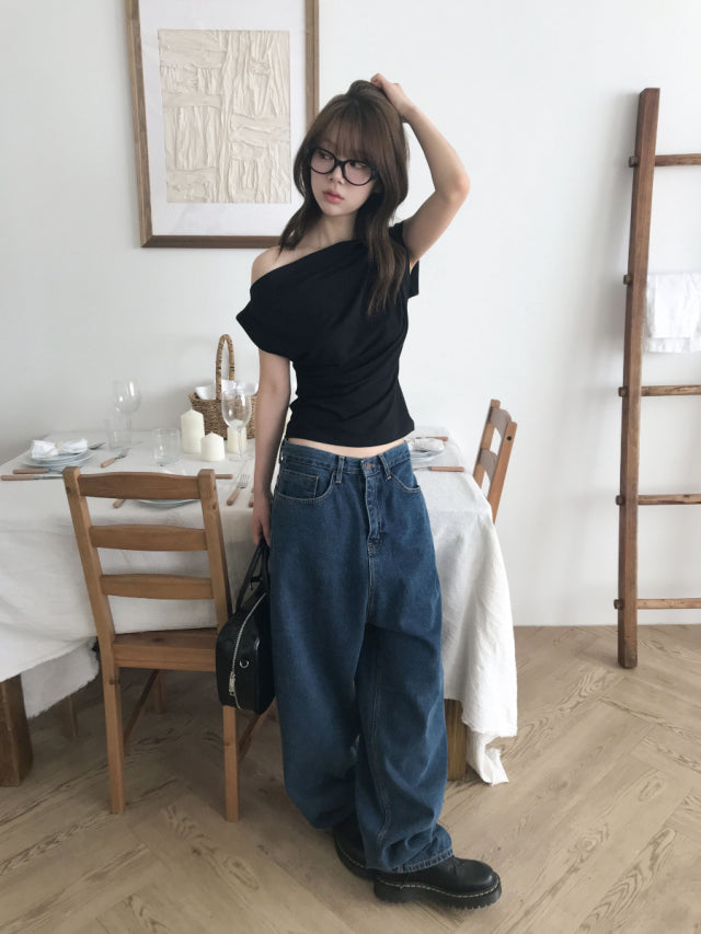 美肩側抓皺修腰上衣
