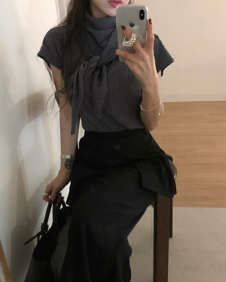 小立領紋理三角巾細節上衣