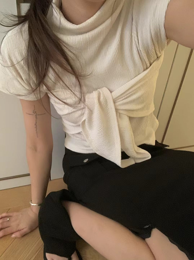 小立領紋理三角巾細節上衣