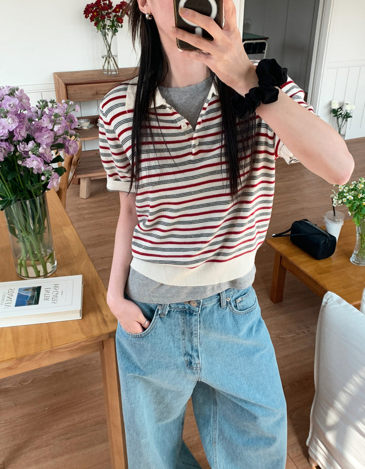 翻領撞色條紋修腰上衣
