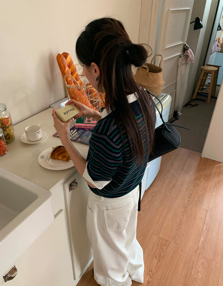 翻領撞色條紋修腰上衣