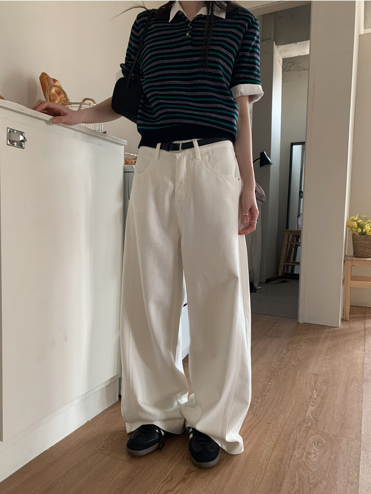 翻領撞色條紋修腰上衣