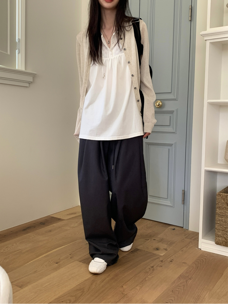 雙壓褶鬆緊腰垂帶闊褲