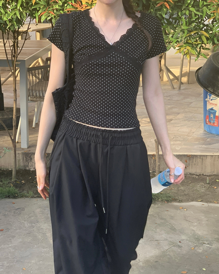 雙壓褶鬆緊腰垂帶闊褲