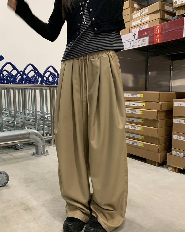 雙壓褶鬆緊腰垂帶闊褲