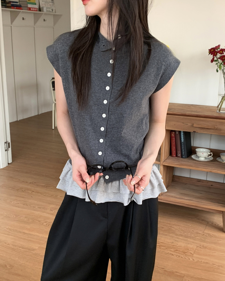 捲邊小立領排鈕針織上衣