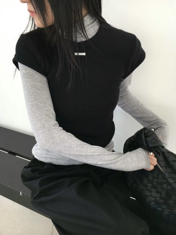 高領天絲雙面穿壓線細節上衣