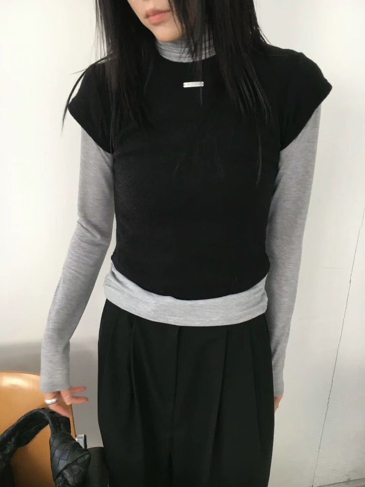 高領天絲雙面穿壓線細節上衣