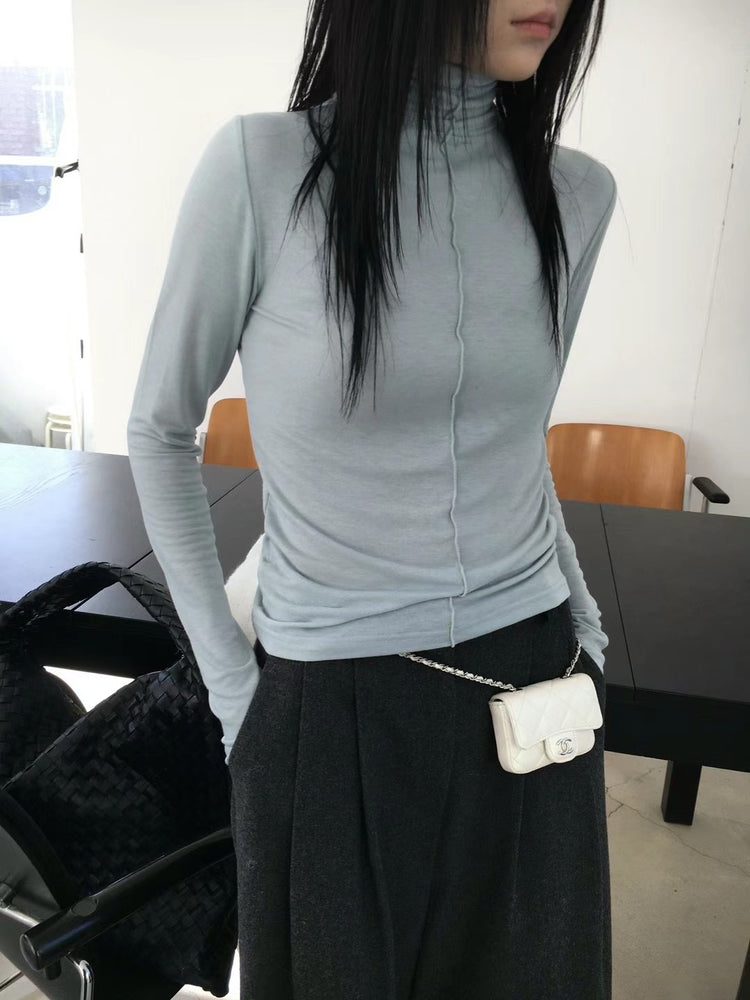 高領天絲雙面穿壓線細節上衣