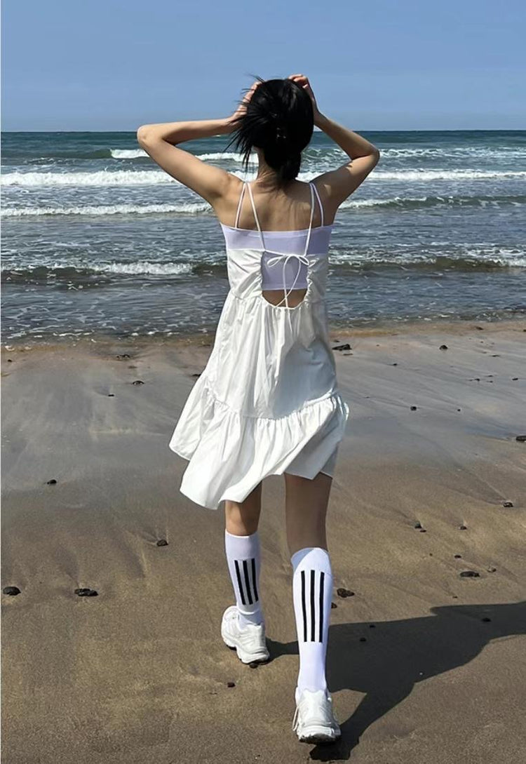 (現)美背綁帶細節蛋糕連身裙