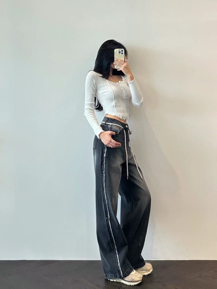 鬚邊垂帶細節直筒牛仔褲