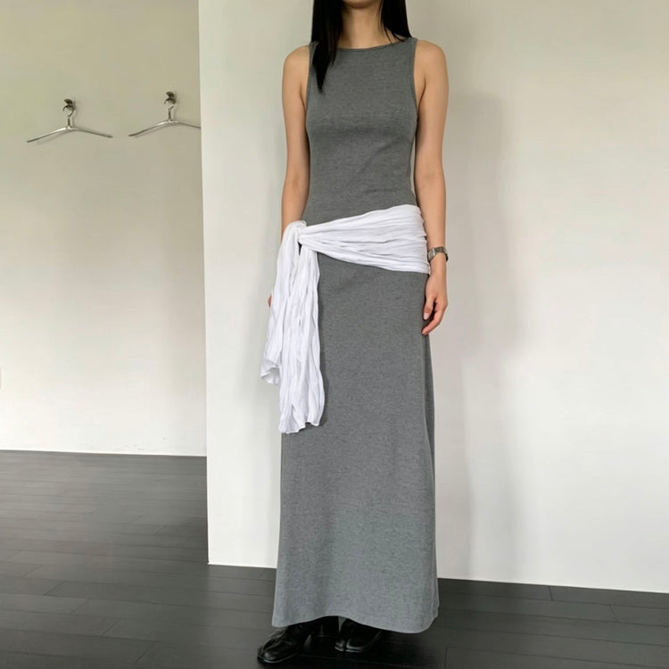 美背露腰削肩修身連身裙
