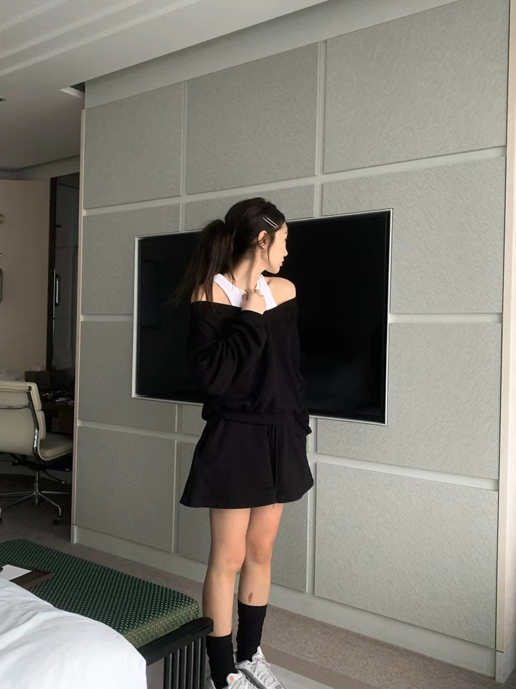 美肩線深V設計休閒套裝