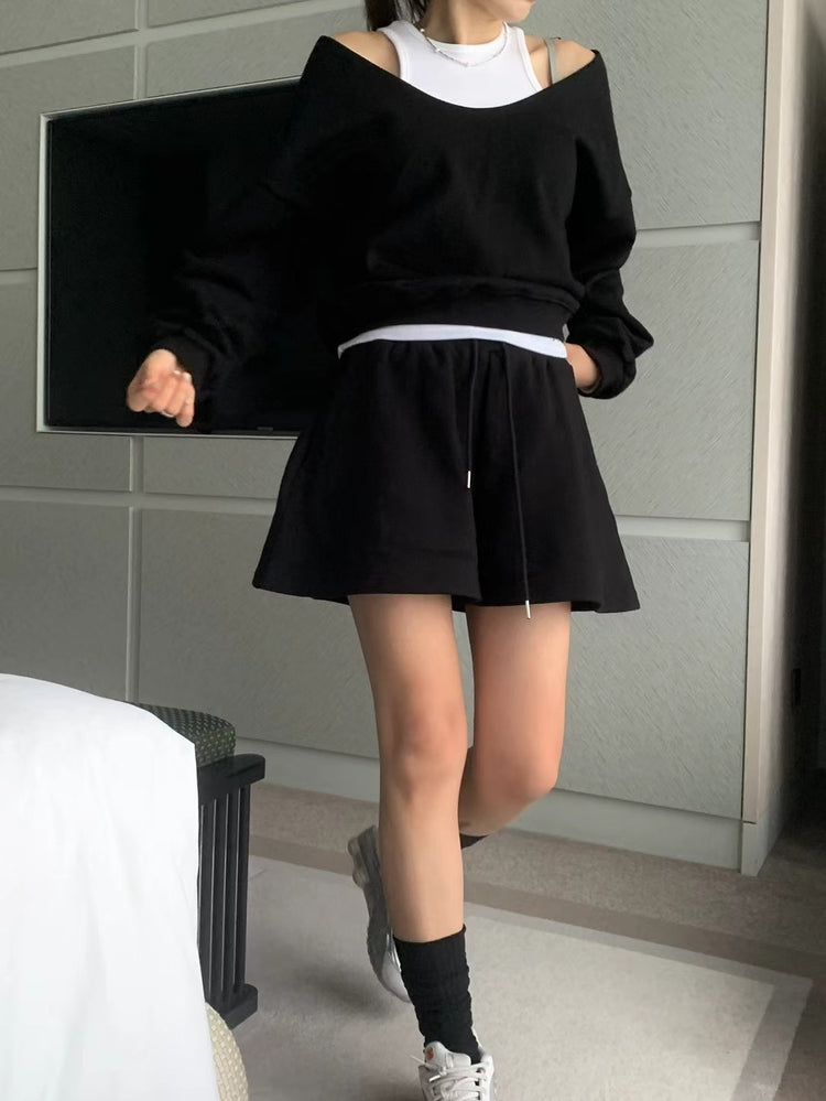 美肩線深V設計休閒套裝