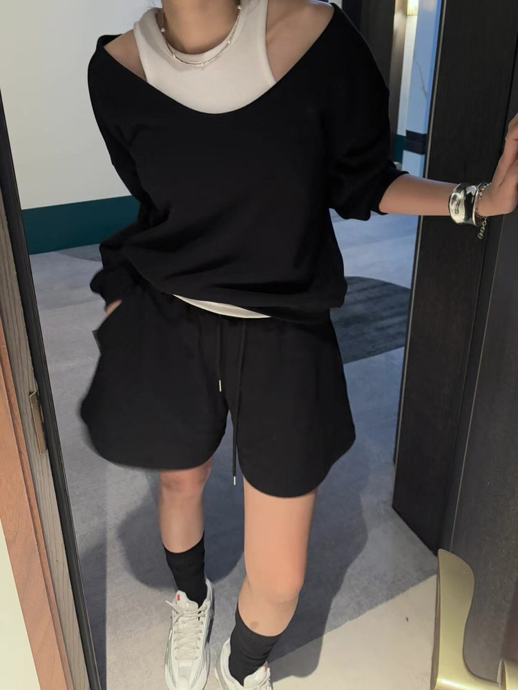 美肩線深V設計休閒套裝