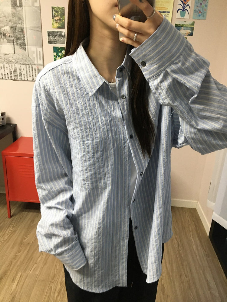 輕薄條紋撞色寬鬆襯衫