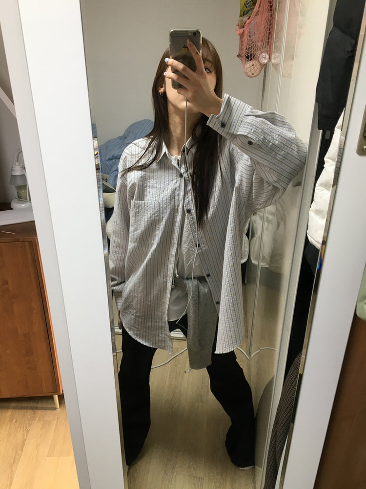輕薄條紋撞色寬鬆襯衫