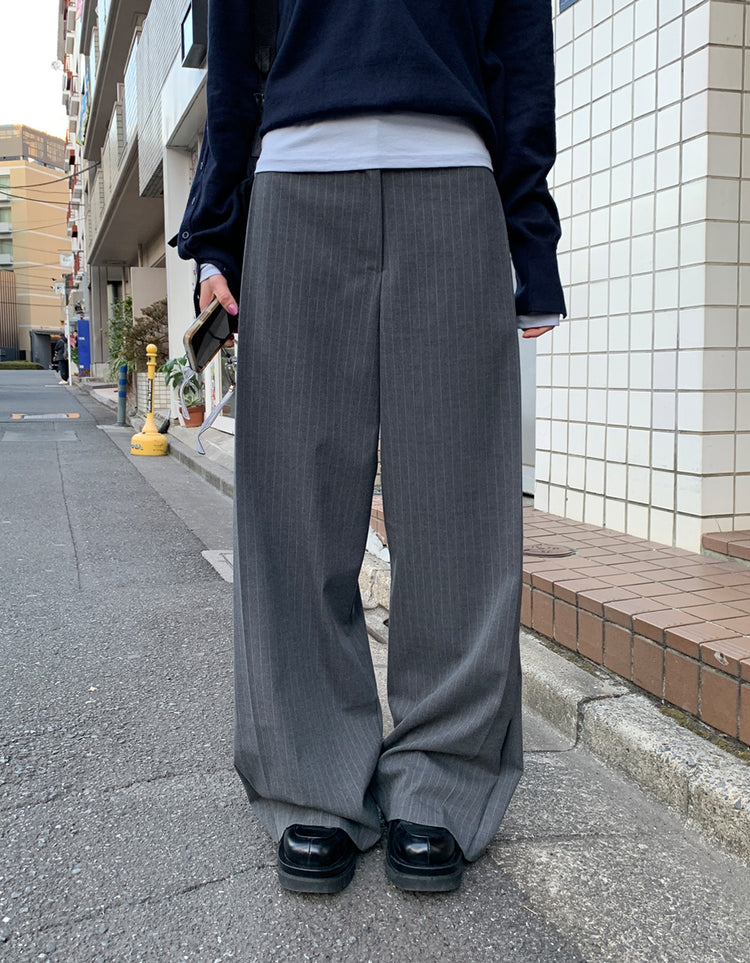 條紋側壓褶細節垂感直褲