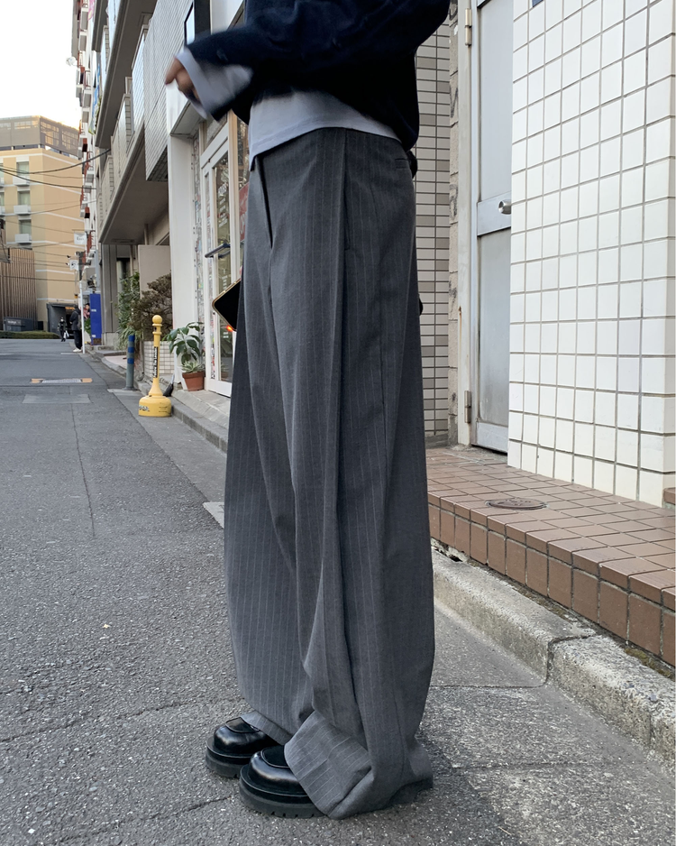 條紋側壓褶細節垂感直褲