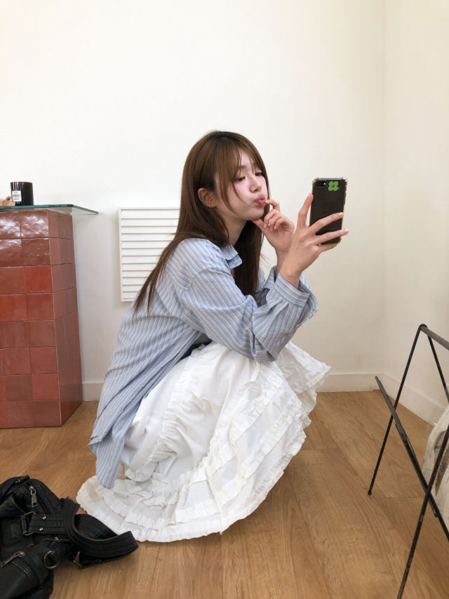 輕薄條紋撞色寬鬆襯衫