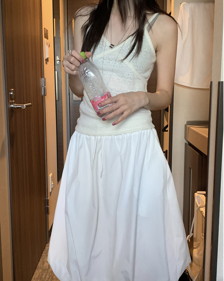 極簡抽繩中長泡泡裙