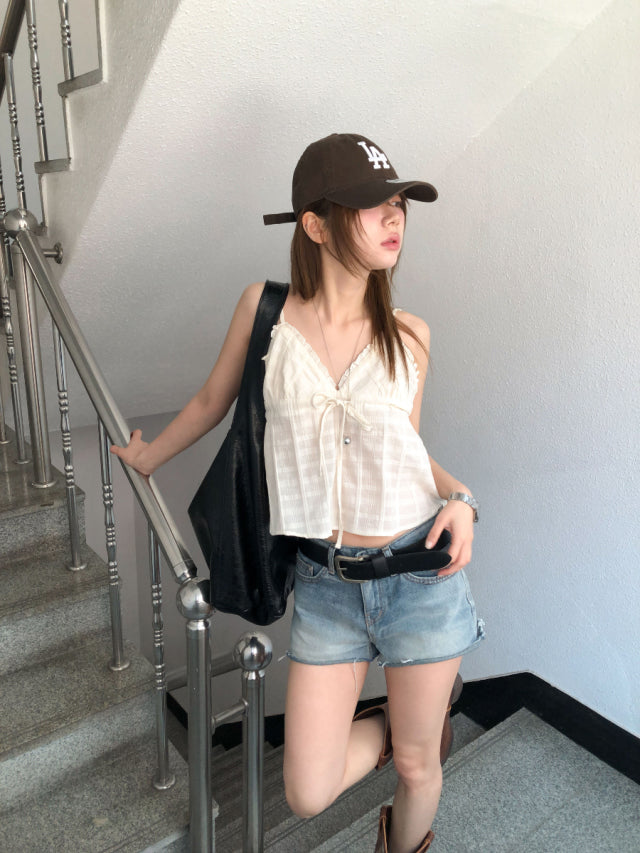 微透膚暗紋綁帶細節背心