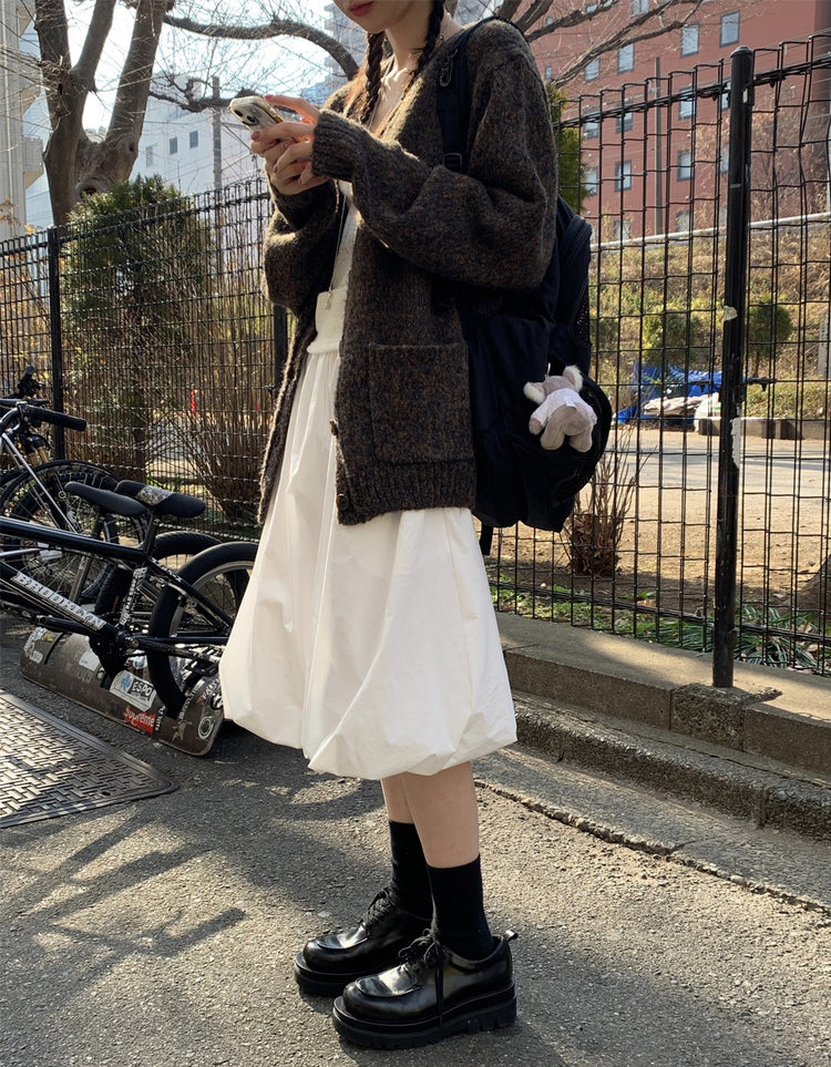 極簡抽繩中長泡泡裙