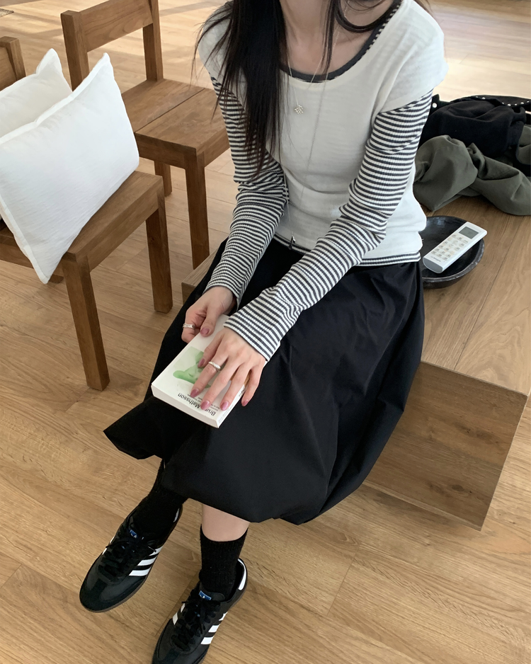 極簡抽繩中長泡泡裙