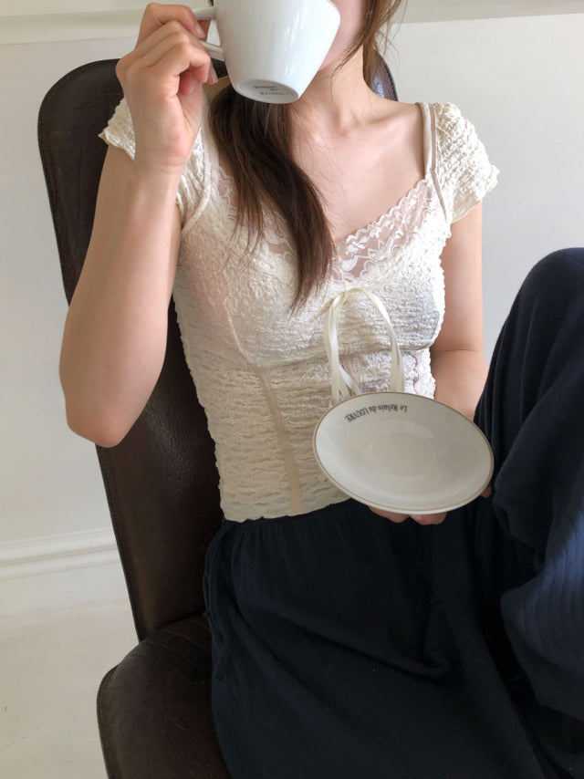 皺皺蕾絲邊細節綁帶上衣