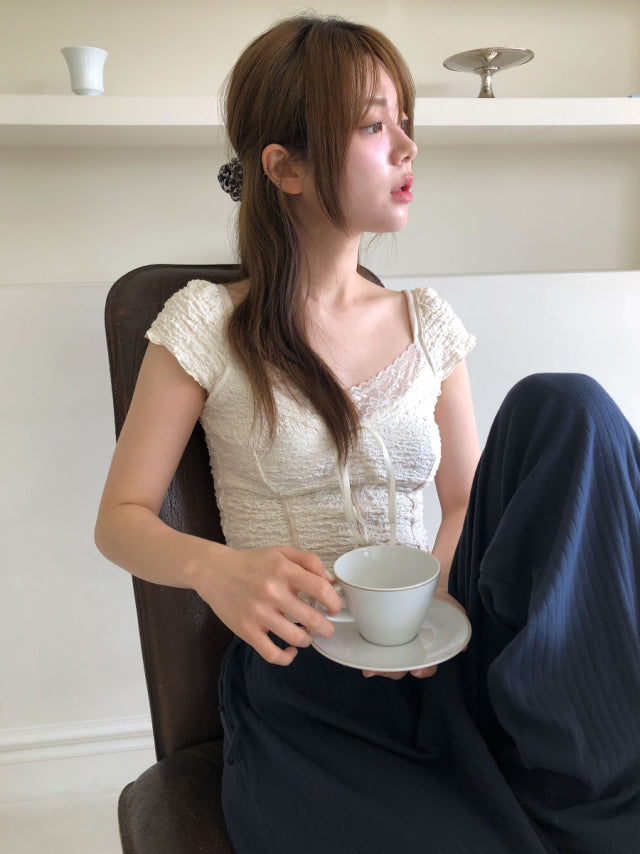 皺皺蕾絲邊細節綁帶上衣