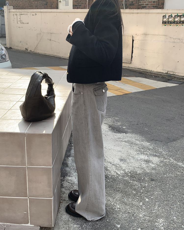 美刷色口袋細節長腿牛仔褲