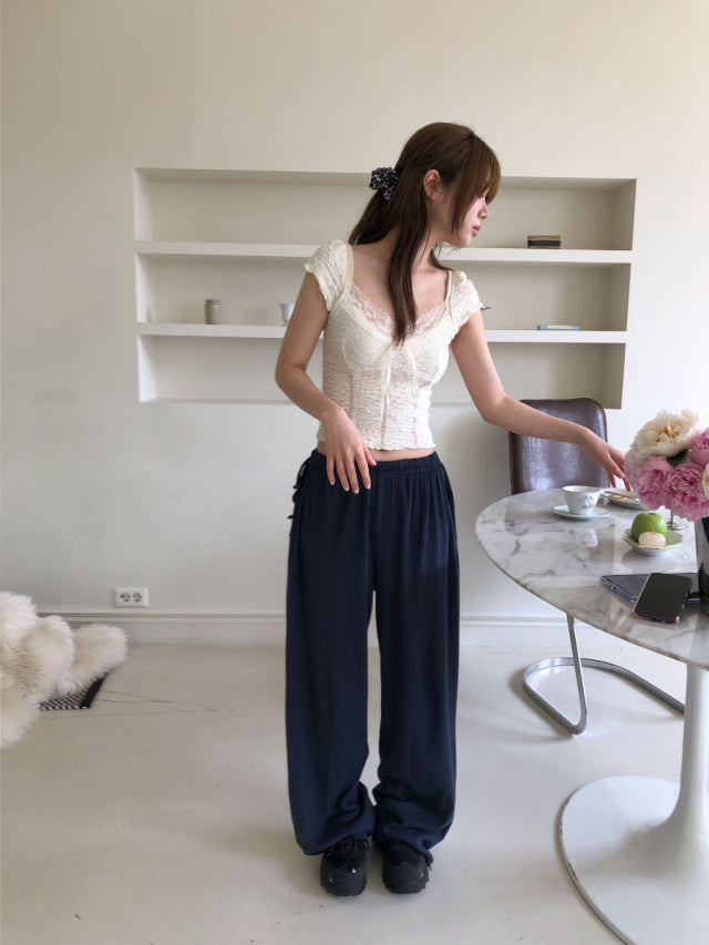 皺皺蕾絲邊細節綁帶上衣