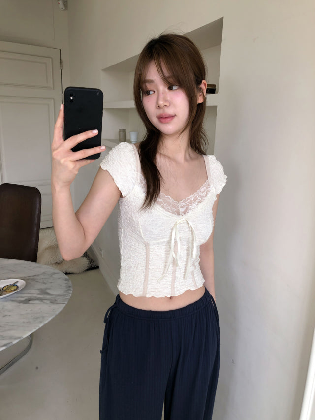 皺皺蕾絲邊細節綁帶上衣